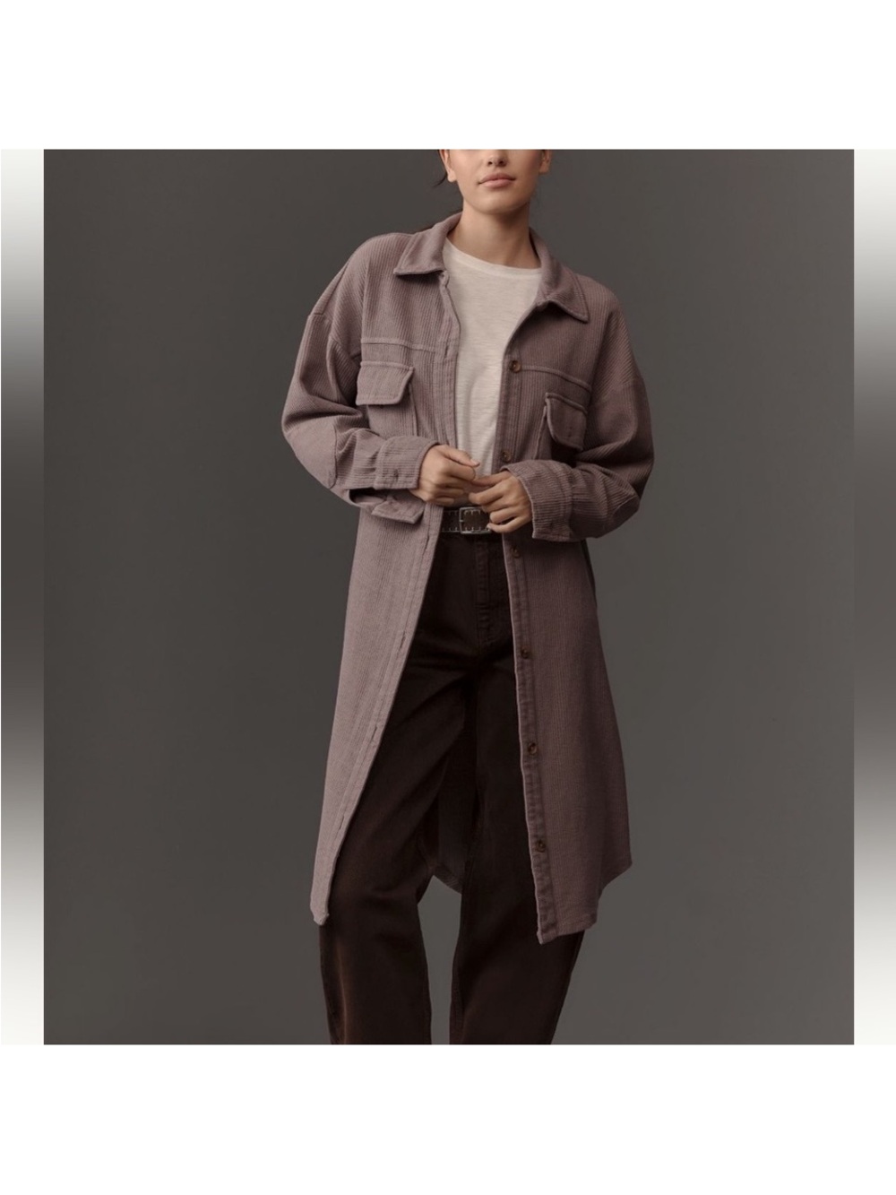 Anthropologie Pilcro Long Utility Shirt Jacket Dress in Mauve-Taupe